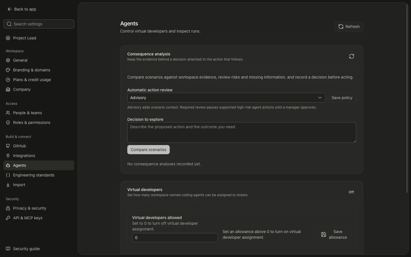 GitNative agent settings with consequence review, virtual developer allowances and recorded agent runs.