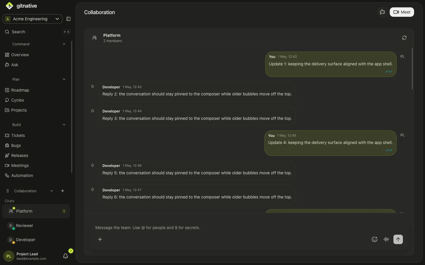 A GitNative workspace conversation with messages, replies and team members.