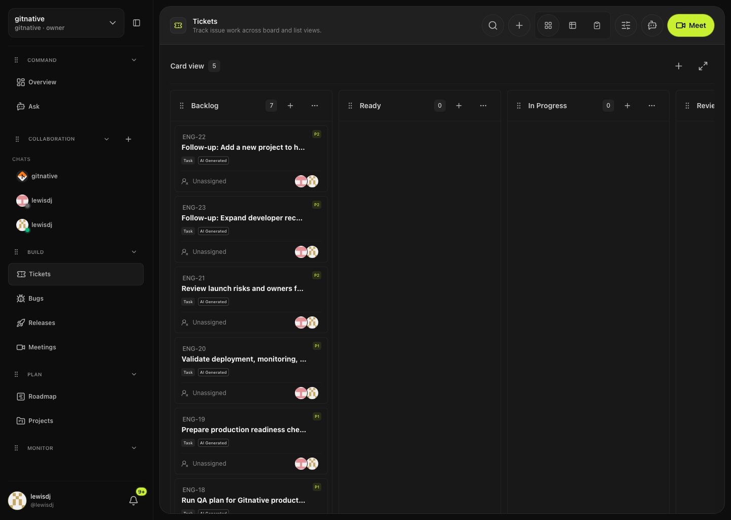 gitnative tickets page showing developer work items with priorities, owners, statuses, and recommendations.