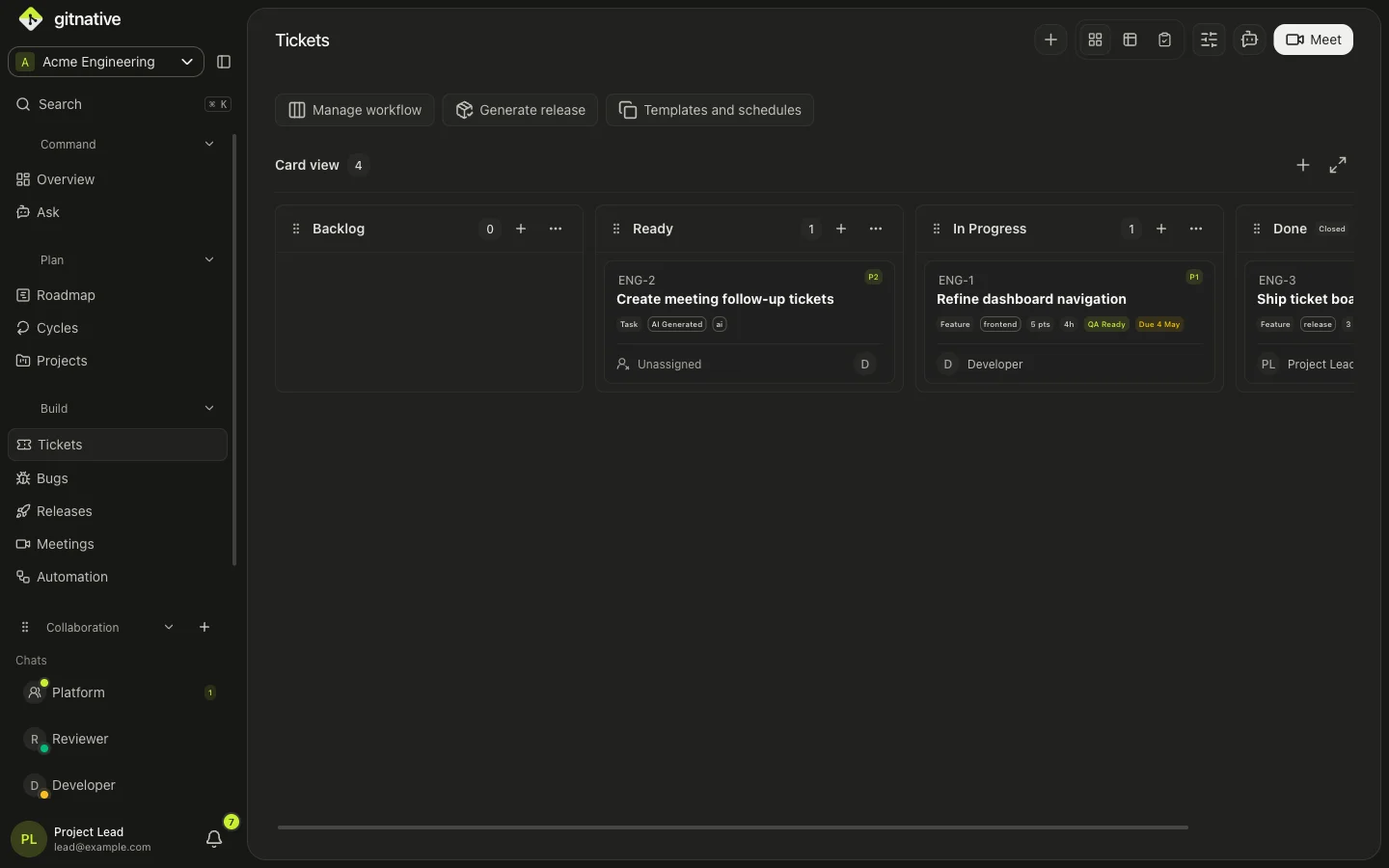 The GitNative ticket board with workflow stages, priorities, owners and QA status.